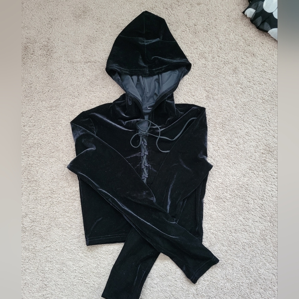 Velvet  Cropped Lace Up Hooded Top
